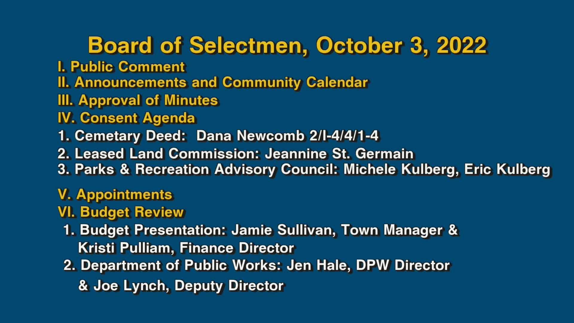Thumbnail image for Board of Selectmen, October 3, 2022